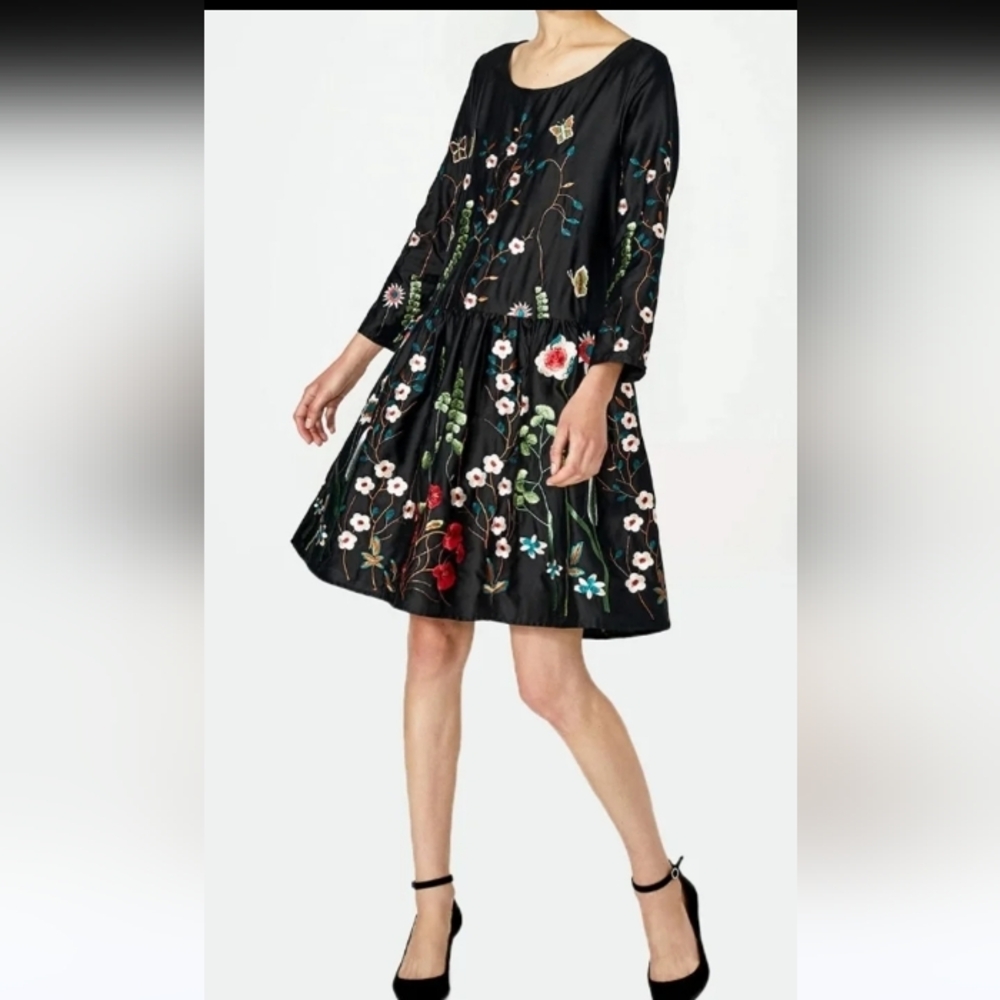 Hallhuber Floral Embroidered Black Dress Size 8